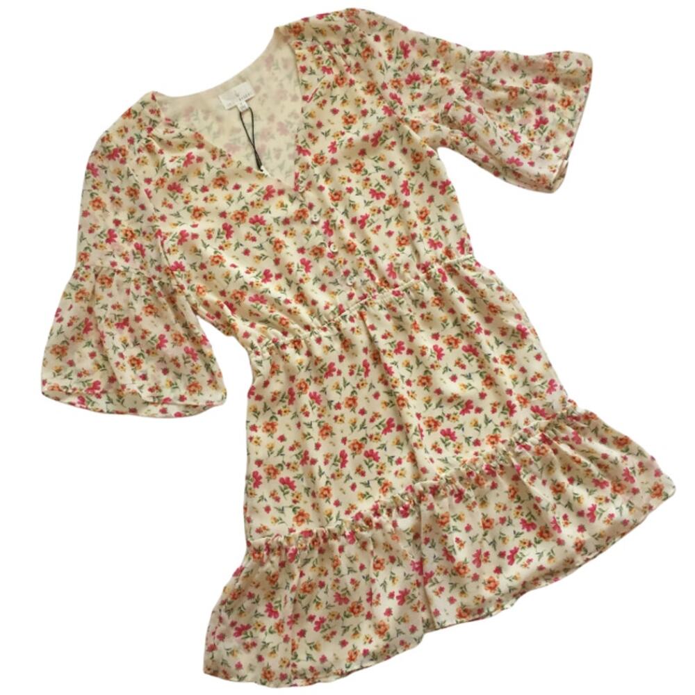 Lost Wander Floral Print V Neck Bell Sleeve Tiered Mini Dress Yellow Pink‎ S